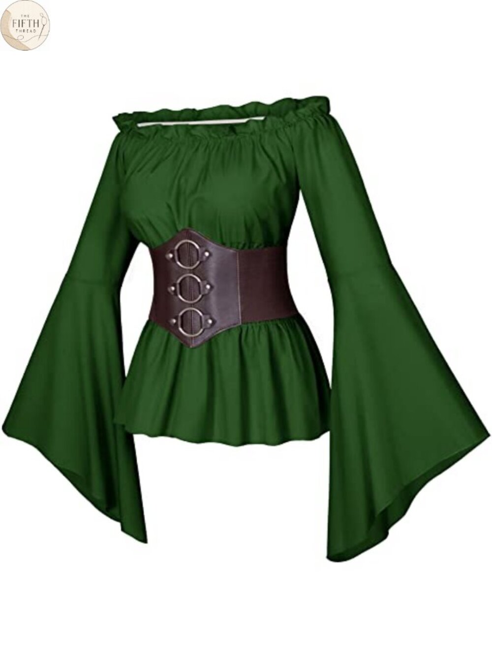 Womens Renaissance Peasant Blouse PU Leather Corset Belt Set Long Sleeve